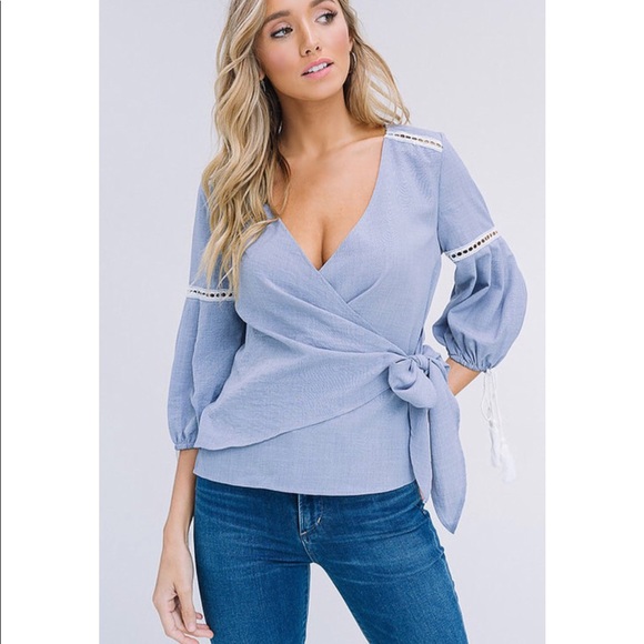 Light Blue Textured Woven Wrap Top - Picture 3 of 5